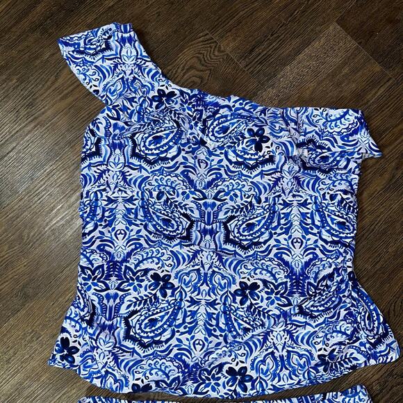 SWIMSUITS FOR ALL One Shoulder Tankini sz 22 Blue Batik Style Ruffle 2pc - Picture 2 of 12